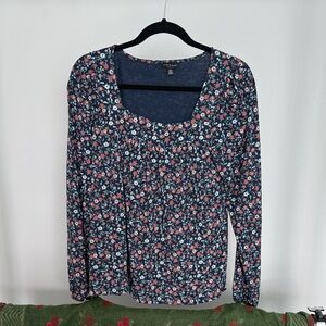 Lucky Brand Navy and Pink Floral Blouse